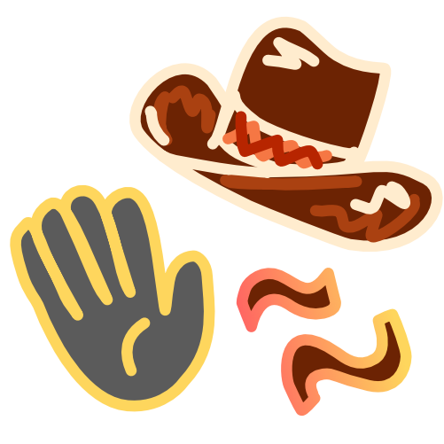 A grey hand outlined in yellow is tilted to the right and sits next to two squiggly lines. The lines are brown with an outline that grades from pinkish to yellow. Above the lines sits a tipped brown cowboy hat with an orange and red patterned band. The image has light line art.